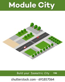 Natural landscape isometric forest with trees and plants, expressway with cars