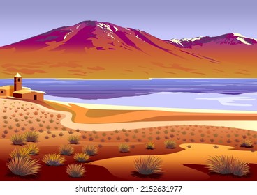 Natural landscape with lake, desert, meadows, bushes, hills and mountains in the background. Handmade drawing vector illustration.