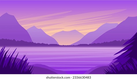 Natural landscape of the lake and hills purple background vector illustration
