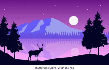 natural landscape of lake mountains and trees at night and deer standing