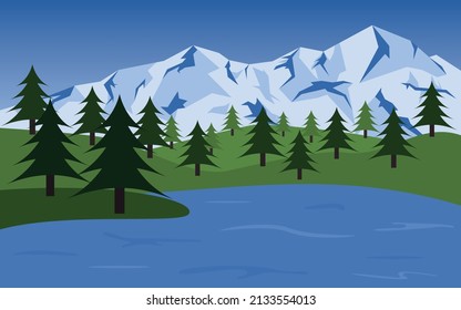 Natural landscape with lake, pine trees and snowy background