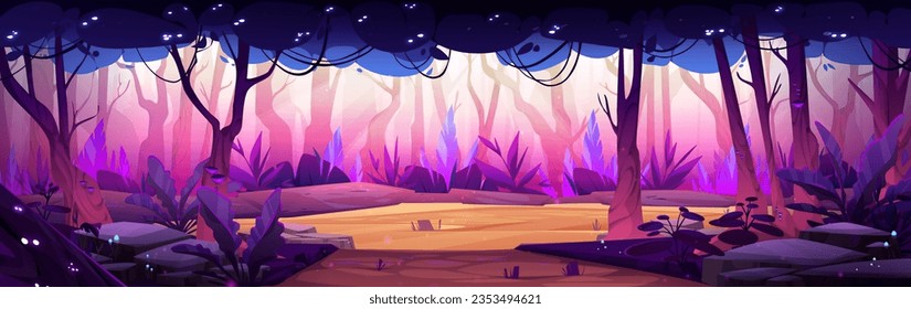 Natural landscape with lake or river in forest. Fantasy cartoon vector water pond or swamp with pink and purple trees, bushes and grass on banks. Magical woods scene with glowing plants or fireflies.