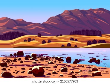 Natural landscape with lake, trees, meadows and hills in the background. Handmade drawing vector illustration.