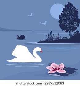 Natural landscape with lake, water lily and swan birds silhouettes. Vector illustration