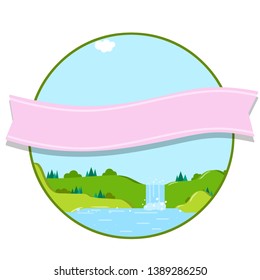 Natural landscape in the logo circle. Waterfall and pond with green hill. Summer view. A place for tourist recreation. Pink text ribbon. Cartoon flat illustration