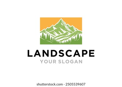 Natural Landscape Logo Design with Mountains, Rocks and Pine Forest.	