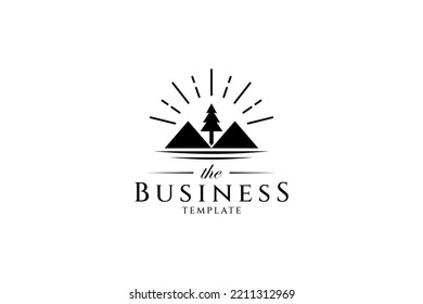 natural landscape logo with pine trees on sunshine background in flat design style