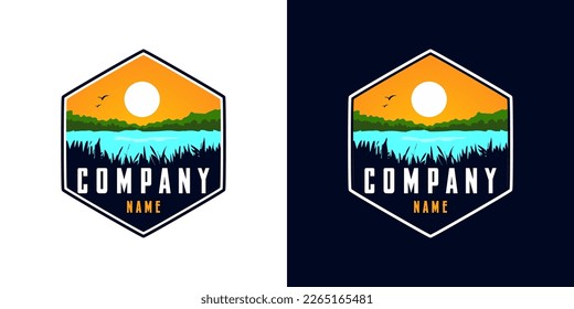 Natural Landscape Logo Template with Lake, Sun and Grass