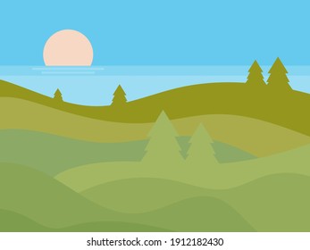 Natural landscape in a minimalistic style. Green hills with trees. Plains and mountains, fields and meadows. Boho decor for prints, posters and interior design. Vector illustration