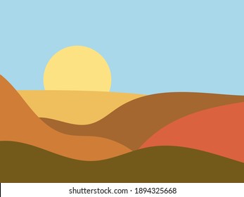 Natural landscape in a minimalistic style. Plains and mountains, fields and meadows. Boho decor for prints, posters and interior design. Mid Century modern decor. Vector illustration