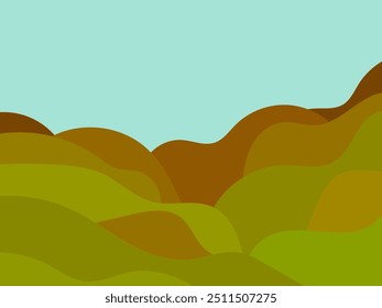 Paisaje natural en un estilo minimalista. Llanuras y montañas, campos y prados. Decoración boho para estampados, carteles y diseño de interiores. Decoración moderna de mediados de siglo. Ilustración vectorial