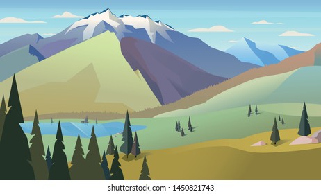 Natural landscape. Modern landscape background trees and mountain peaks. Vector illustration.
