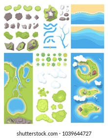 Natural landscape - modern vector set of illustrations with isolated elements. Top view position of islands from the plane, sea coasts, lake. A collection of rivers, stones, mountains, clouds, trees.