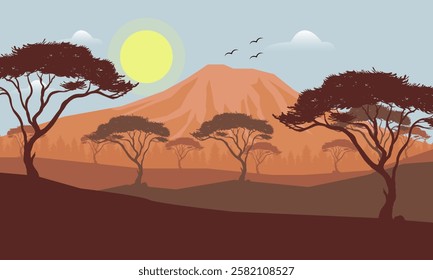 Natural Landscape in the Morning of mountains, Silhouettes of trees and Birds