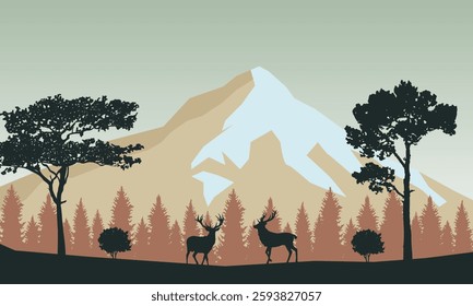 Natural landscape in the morning, mountains, tree silhouettes and wild deer