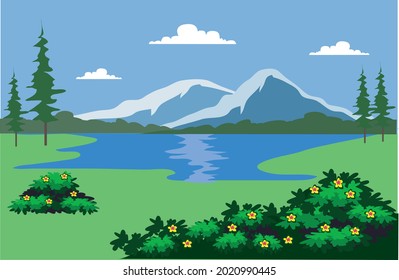 Natural Landscape mountain, lake and forest  Illustration - Vector  
