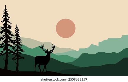 Natural landscape mountain view, sun and deer silhouette