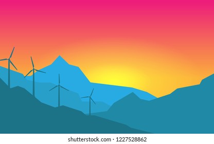 Natural landscape Mountain View with wind power mill in the sunset time for wallpaper