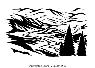 Natural landscape with mountains. Black and white image.