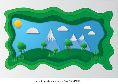 Natural landscape with mountains and clouds on blue skies. And there are natural green trees. Concept of global warming and environmental conservation. paper art style.Vector illustration background.