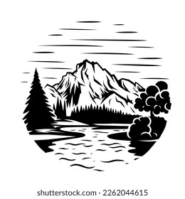 Natural landscape with mountains in the form of a circle. Black and white image.