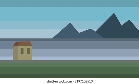 Natural landscape with mountains. House near the sea. Vector