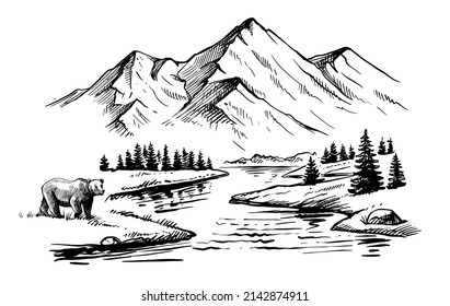Natural landscape with mountains, lake. Hand drawn sketch