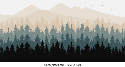 Paisaje natural de montañas y bosques de pinos. Ilustración del vector