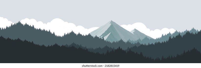 natural landscape of mountains and pine forests  with clouds over pine forests and mountains.  Mountain vector image, natural landscape background image.