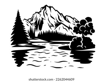 Natural landscape with mountains and a river. Black and white image.