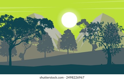 Natural landscape of mountains with shining sun and tree silhouettes