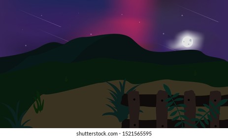 Natural landscape with mountains and a sky night. Background flat design with smooth gradient color.