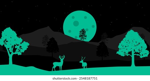 Paisaje natural en la noche Ciervos, árboles y luna