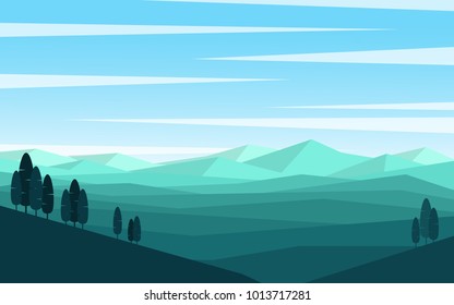 Natural landscape panorama view of green grass mountain  range with some pine tree and many mountain range far away with clear blue sky 