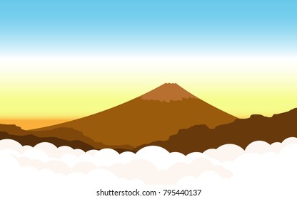 Natural landscape panorama view of  mountain in bird eye view above the cloud level and Fuji Mountain not far away in orange tone in early morning for wallpaper, background or backdrop