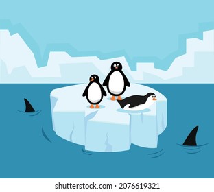 Paisaje natural con familia de pingüinos, icebergs y montañas. Clima antártico, invierno, clima frío. nado de ballenas en el mar. ilustración de los vectores de los animales marinos y cambio climático