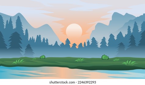 Natural landscape of pine trees, hills and river vector