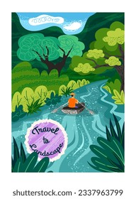 Natural landscape poster. Covers and forest scenery and character sailing on boat. Man travels along river. Banner with adventure man. Cartoon flat vector illustration isolated on white background