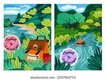 Natural landscape poster set. Banner with forest scenery and hiking backpack, man sailing on boat on river. Travel and adventure concept. Cartoon flat vector collection isolated on white background