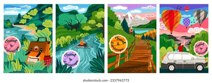 Natural landscape poster set. Covers with character traveler, hiking backpack and river, car ride and colorful balloons. Forest scenery with mountains. Cartoon flat vector isolated on white background