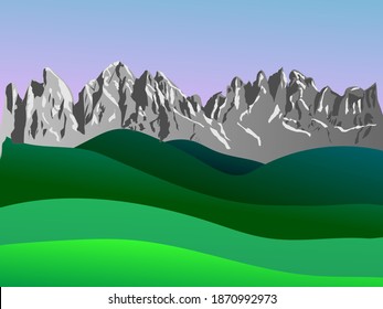 The natural landscape with the ridge of high mountains and green valley