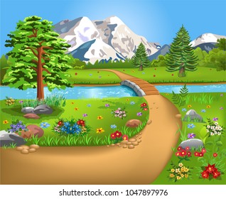 Paisaje natural con un río y un puente en el medio y montañas en el fondo