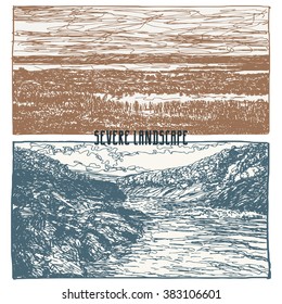 natural landscape with river and wild woods, vector illustration