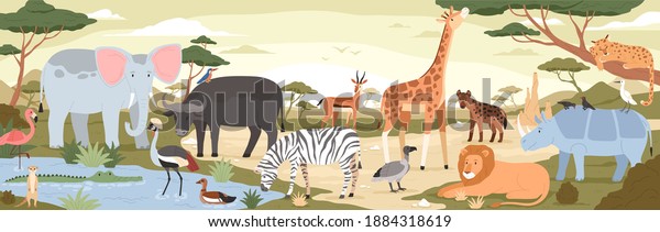 Natural landscape with savannah animals, reptiles and birds. Panoramic colorful scenery with wild habitant. Exotic savanna inhabitants in African national park. Flat vector illustration in cartoon style wallpaper for walls.