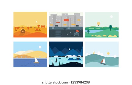 Natural landscape set, beautiful scenes of nature, winter, spring, summer, autumn horizontal nature backgrounds vector Illustration