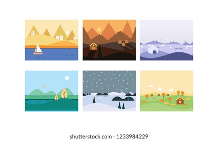 Natural landscape set, cute beautiful scenes of nature vector Illustration