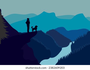 Silhouette de paisaje natural. gente y perros mirando las montañas, el bosque en el fondo. Ilustración del vector