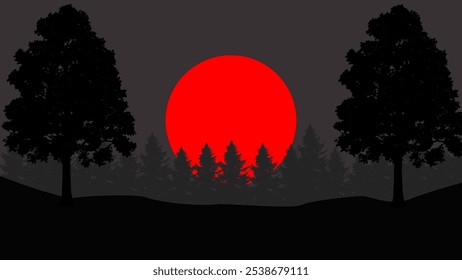 Natural Landscape Silhouette of Pine Trees with Red Sun Background