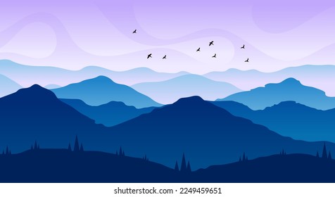 Natural landscape silhouetted hills, mountains and birds, with cold weather vectors and ilustrations