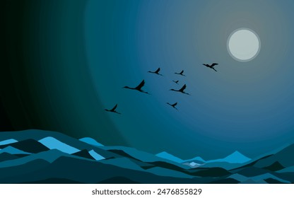 natural landscape with silhouettes of birds flying in the mountains with blue twilight